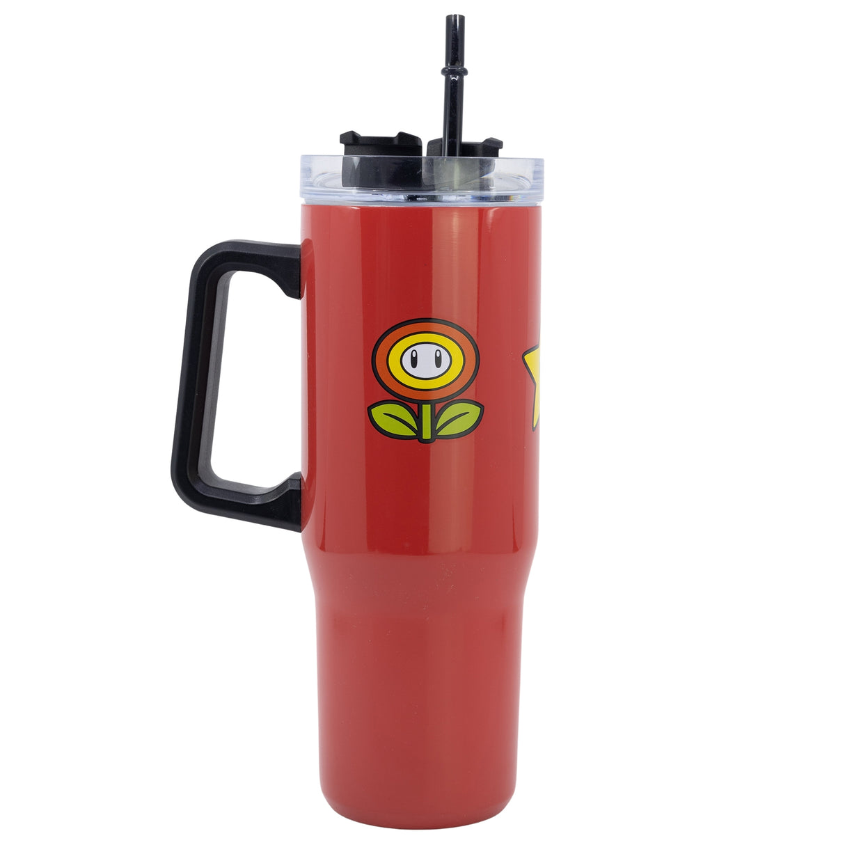 Roter Trinkbecher mit Henkel Strohhalm und Feuerblumen Motiv