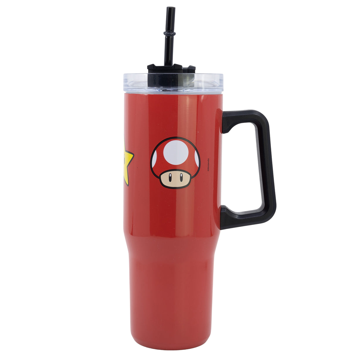 Roter Trinkbecher mit Henkel Strohhalm und Super Mario Pilz Motiv