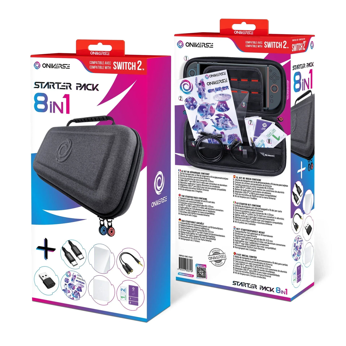 Starterpaket 8-in-1 für Nintendo Switch 2 mit Transportkoffer, Aufklebern, Displayschutz, Kabeln und Reinigungstüchern