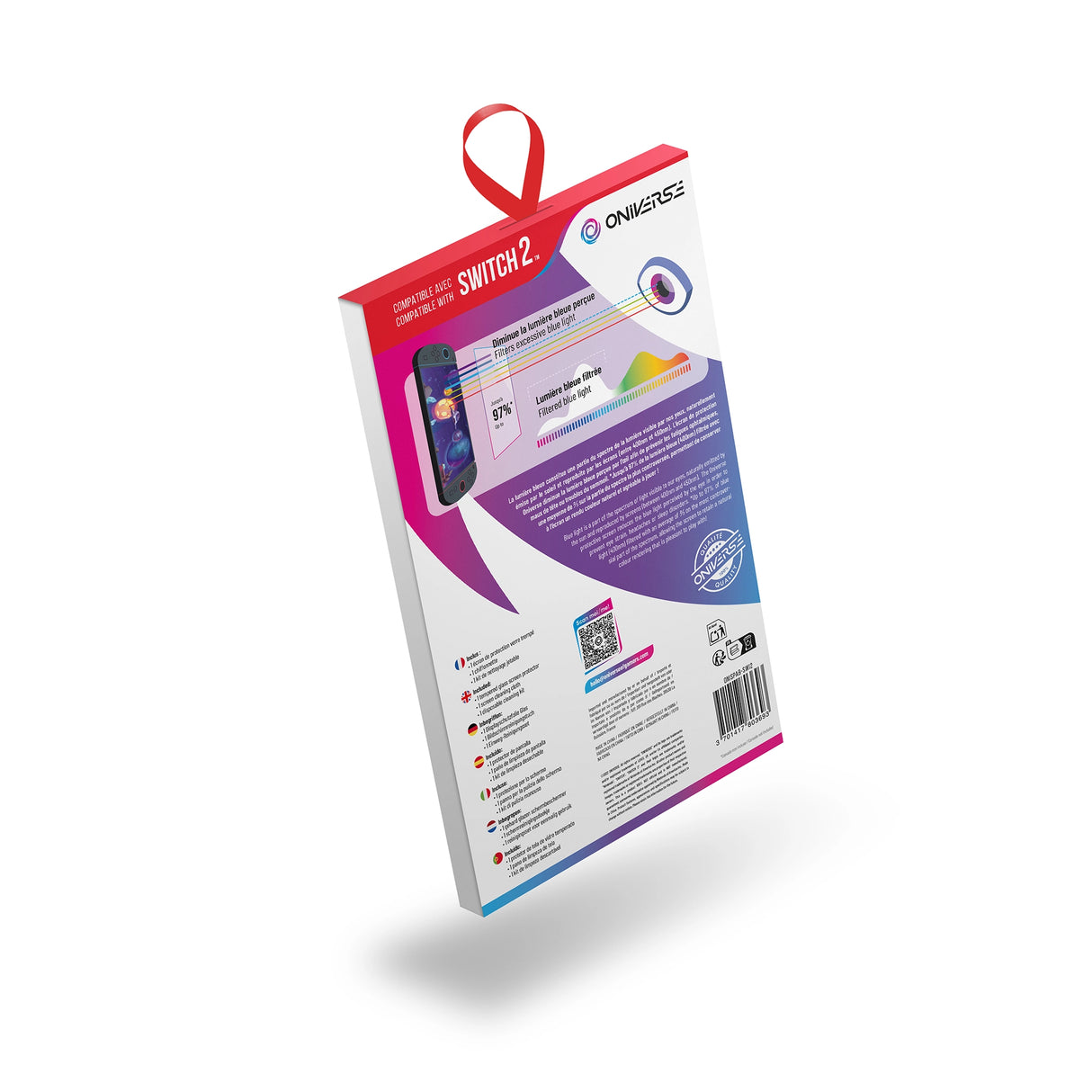 Verpackung für Oniverse Switch 2 Displayschutzfolie mit blauer Lichtfilterung