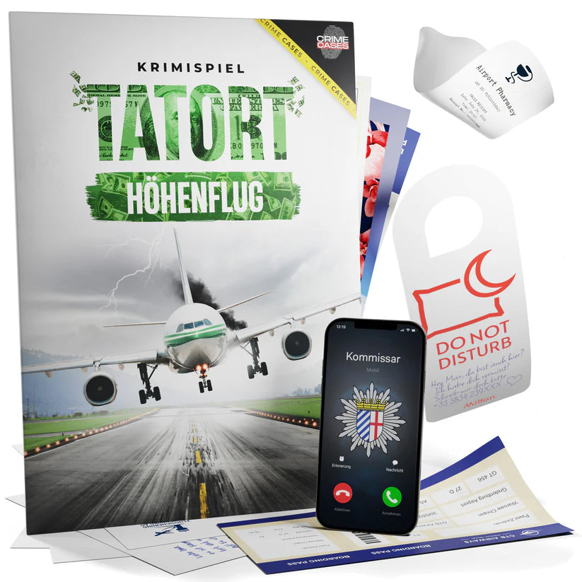 Krimispiel Tatort Höhenflug mit Flugzeug, Telefon und Dokumenten