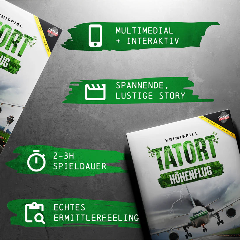Krimispiel Tatort Höhenflug mit Merkmalen: multimedial, interaktiv, spannende Story, 2-3h Spieldauer, Ermittlerfeeling