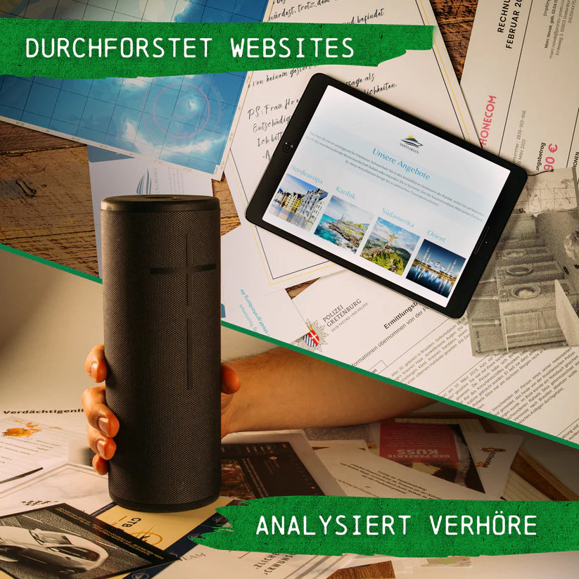 Hand hält Lautsprecher, Tablet zeigt Website, Dokumente liegen auf dem Tisch