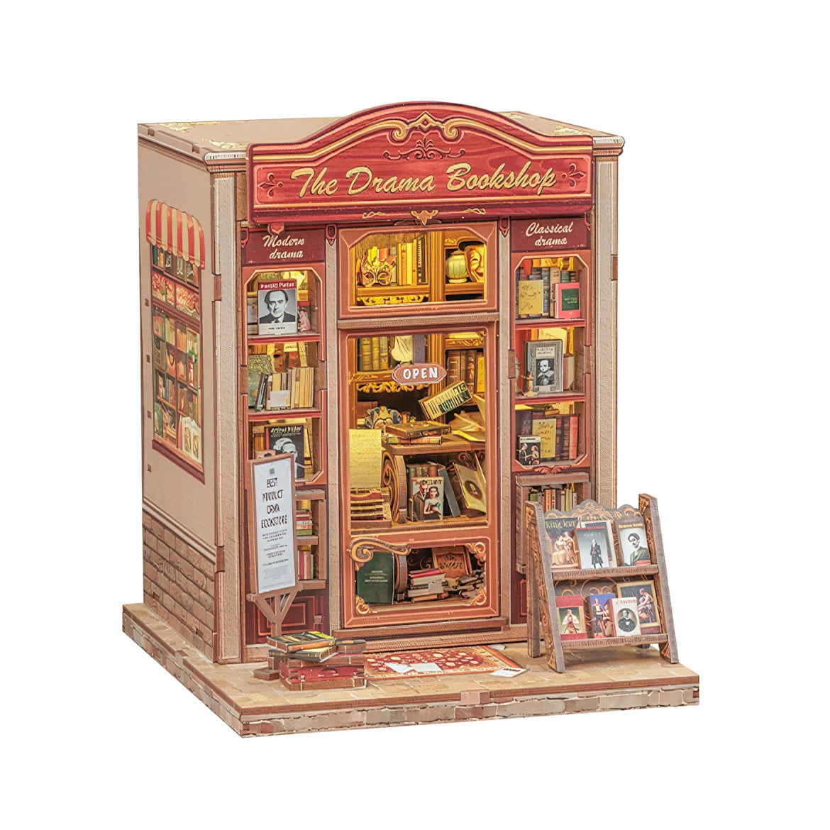 Miniatur-Diorama eines Buchladens mit dem Namen The Drama Bookshop