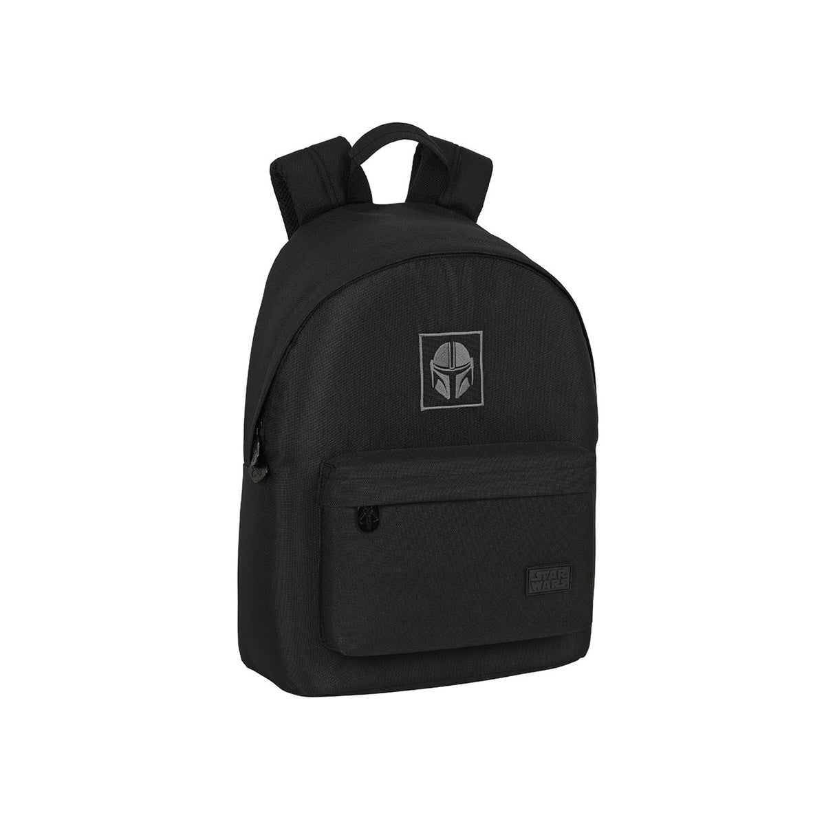 Schwarzer Rucksack mit Mandalorianer Helm Emblem und Star Wars Logo