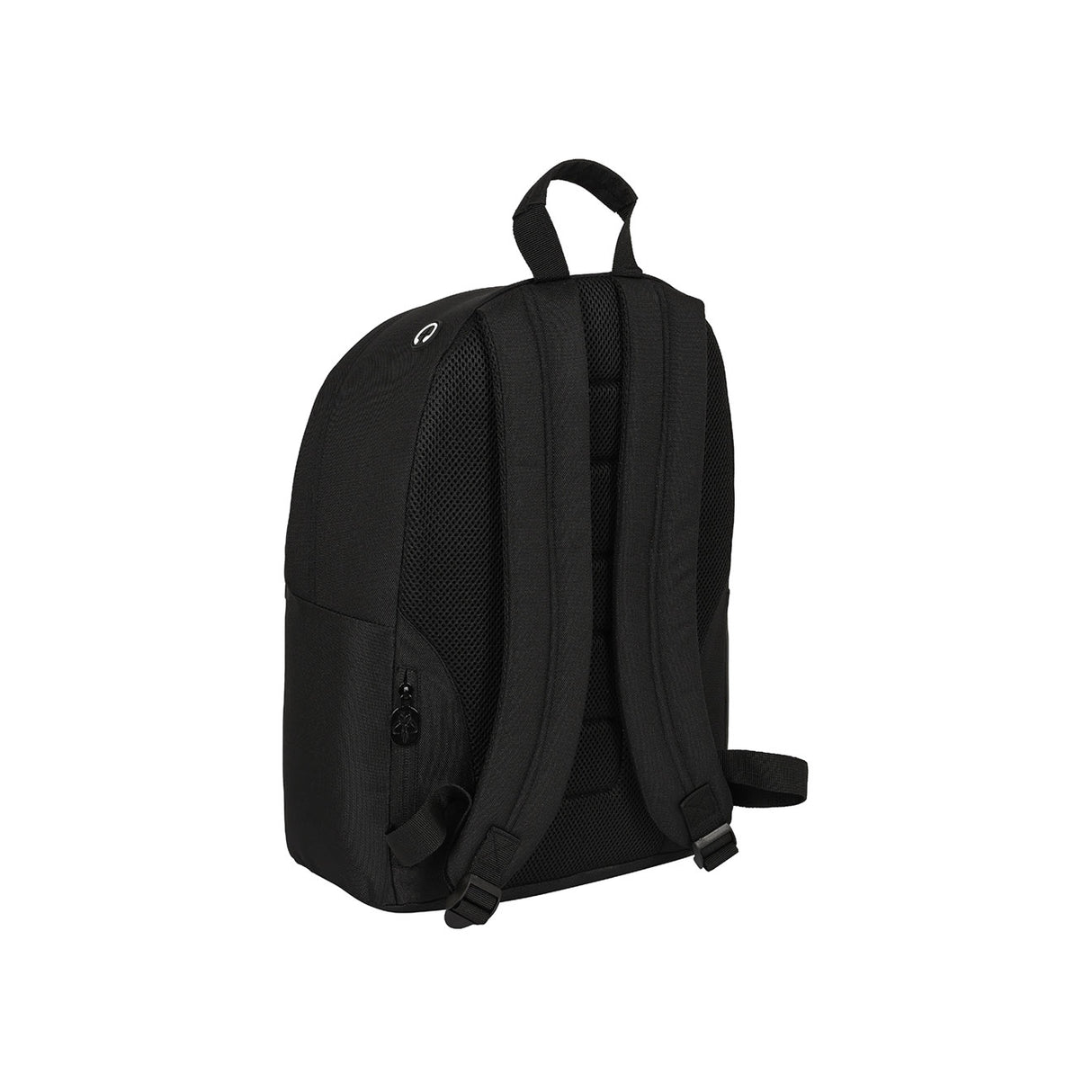 Schwarzer Rucksack von hinten mit gepolsterten Schultergurten und Tragegriff