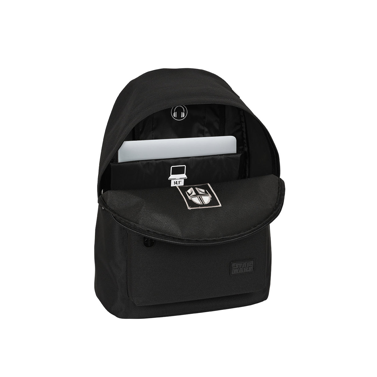 Offener schwarzer Rucksack mit Laptopfach und Star Wars Logo