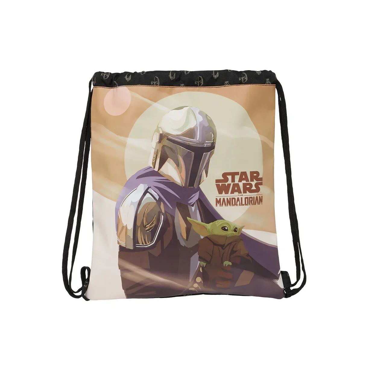 Sportbeutel mit Motiv von The Mandalorian und Grogu vor einer Wüstenlandschaft