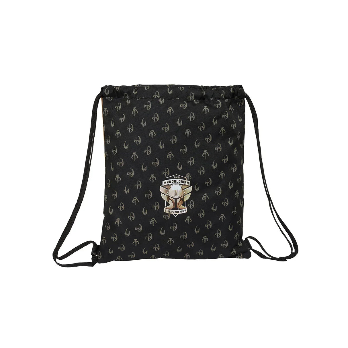 Schwarzer Turnbeutel mit Mandalorian Helm Muster und Logo Aufdruck