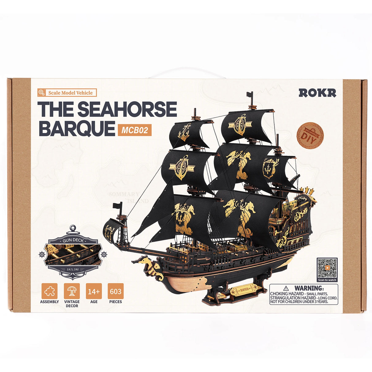 Verpackung des Rokr Holzmodellbausatzes The Seahorse Barque mit Segelschiff Abbildung