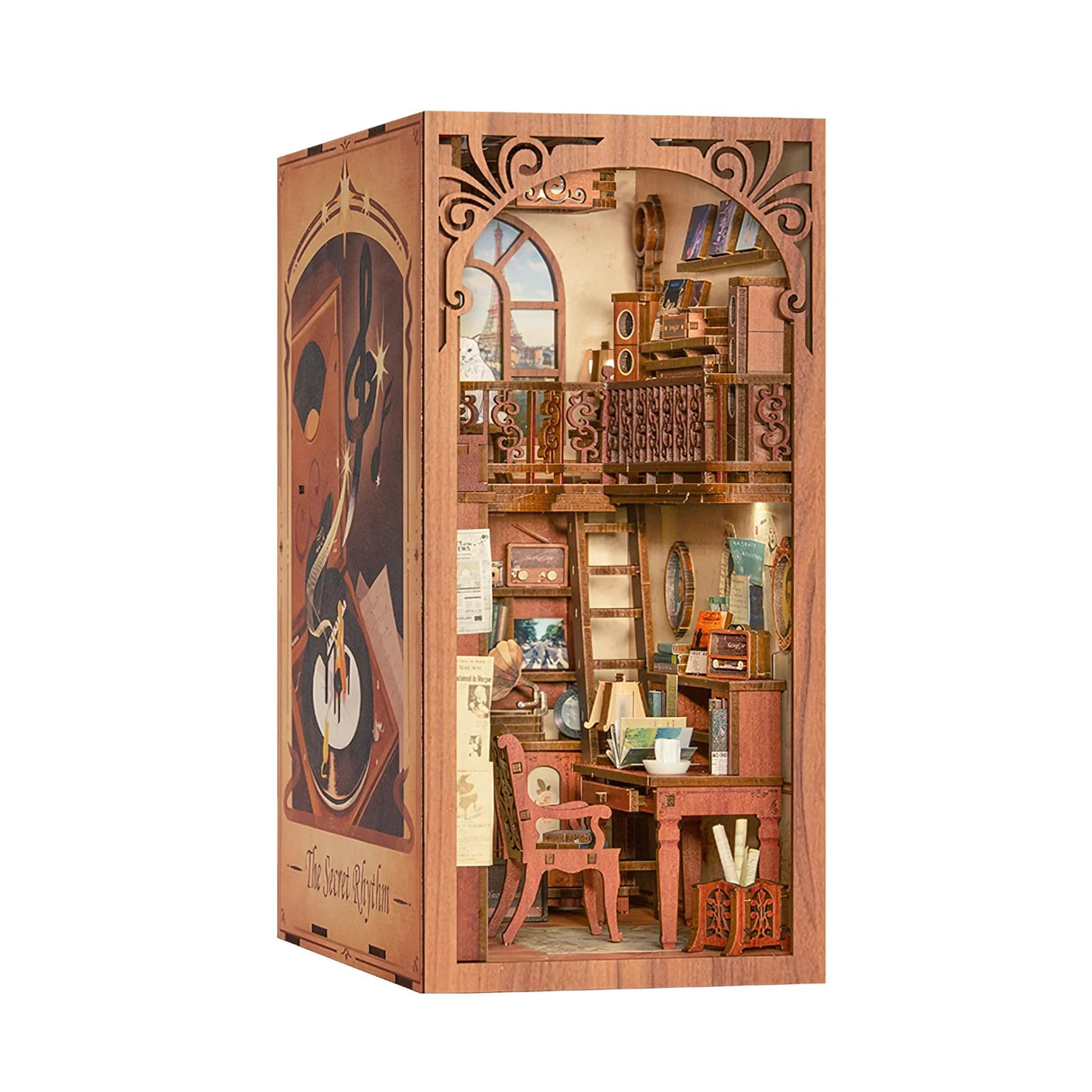 Miniatur-Bücherregal-Einsatz mit zwei Ebenen, Schreibtisch, Stuhl, Leiter und Blick auf den Eiffelturm