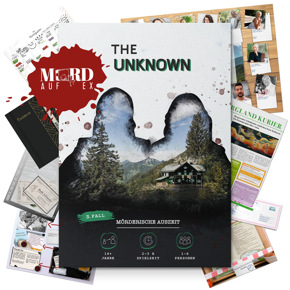 Mord auf Ex: The Unknown Brettspiel mit Hinweisen, Tagebuch und Zeitungsausschnitten