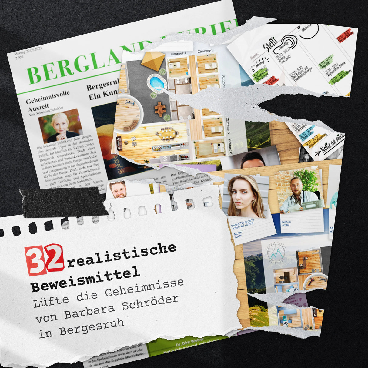 Collage aus zerrissenen Zeitungsartikeln und Fotos, die ein Verbrechen in den Bergen darstellen