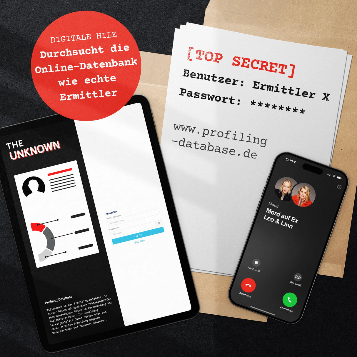 Ein Tablet, ein Smartphone und ein Dokument mit der Aufschrift âTOP SECRETâ liegen auf einem Tisch