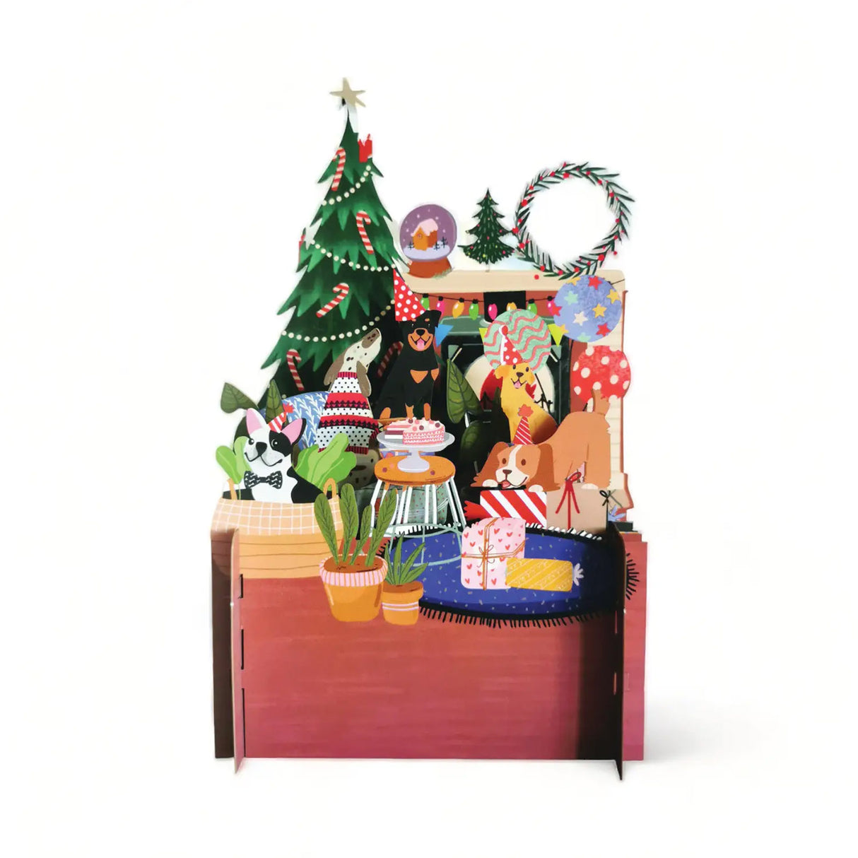 Pop-up Karte mit Hunden vor einem Weihnachtsbaum und Geschenken