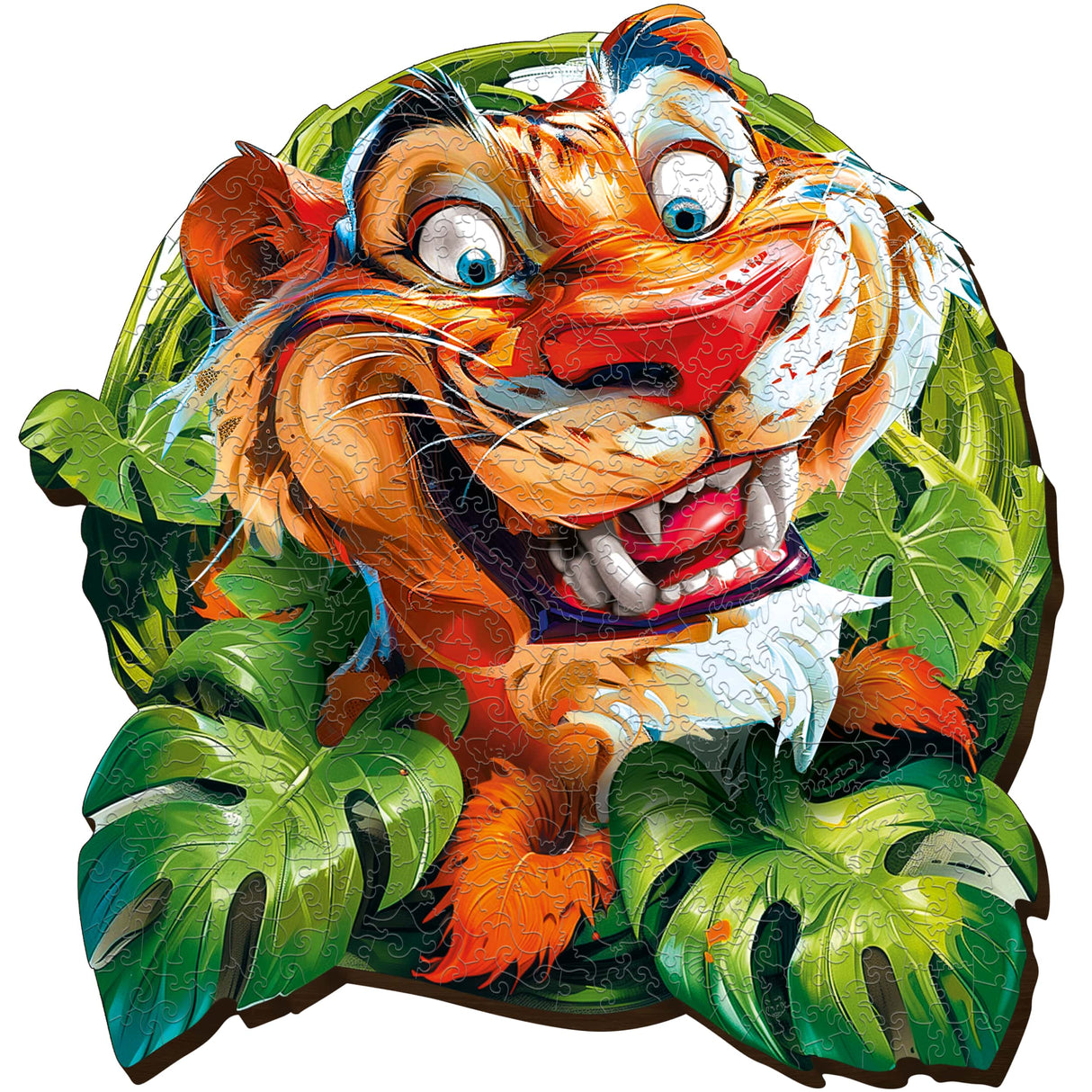 Puzzle eines Cartoon-Tigers mit großen Augen und offenem Maul, umgeben von grünen Blättern