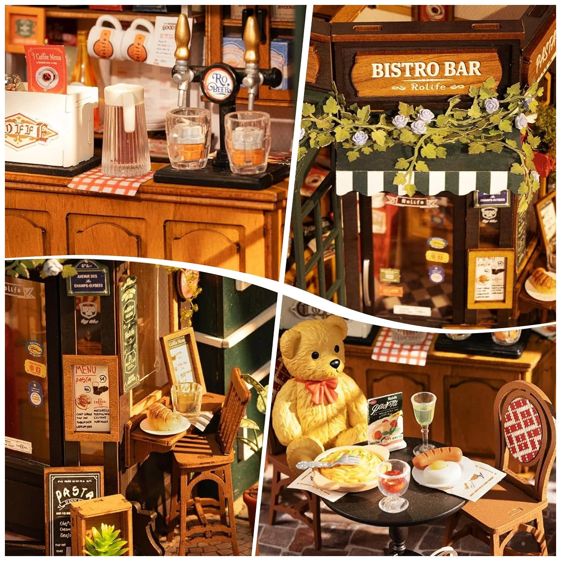 Miniatur-Bistro-Bar mit Zapfhähnen, Menütafeln, Tischen, Stühlen und einem Teddybären