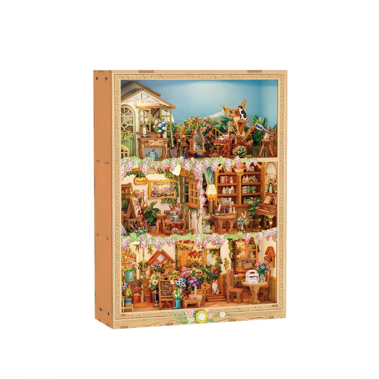 Diorama eines Miniaturhauses mit drei Etagen, die jeweils eine andere Szene zeigen