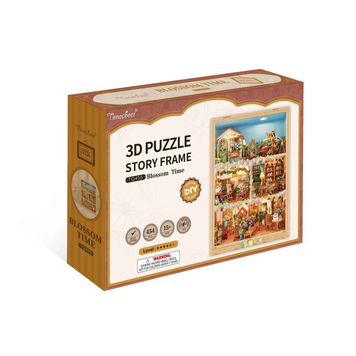 Verpackung des 3D-Puzzle Story Frame Blossom Time mit Abbildung des fertigen Blumenladens