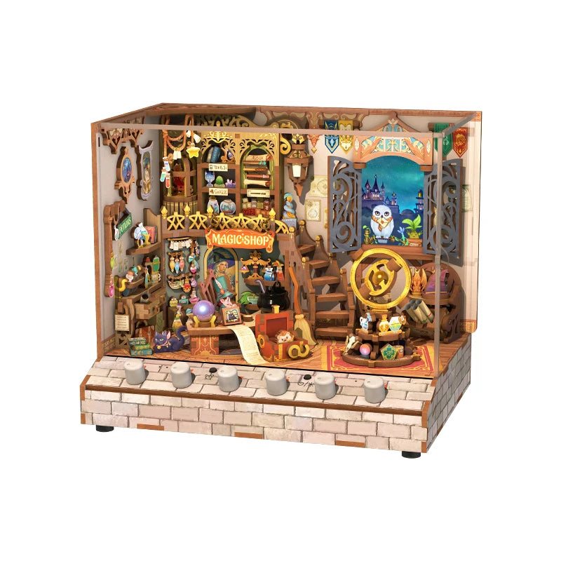 Miniatur-Zauberladen mit Eule am Fenster und magischen Gegenständen