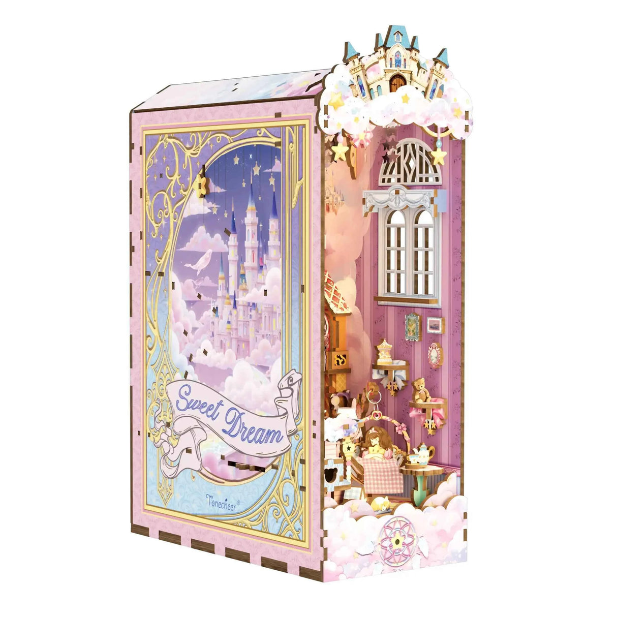 Miniatur-Puppenhaus mit rosa Wänden, einem Schlossbild auf der linken Seite und einem kleinen Raum auf der rechten Seite