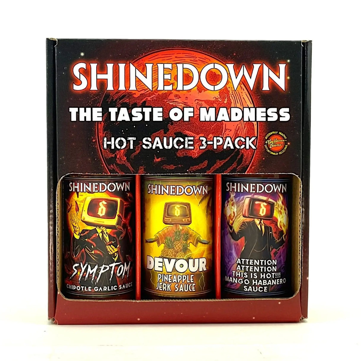 Shinedown The Taste of Madness Hot Sauce 3er-Pack mit Chipotle Knoblauch, Ananas Jerk und Mango Habanero Saucen