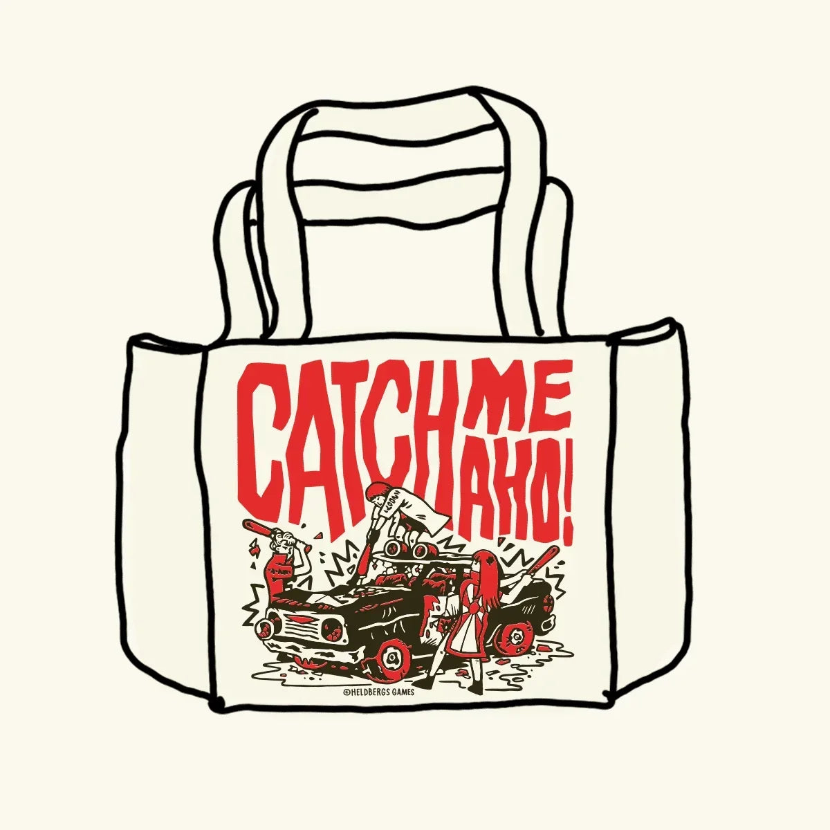 Stofftasche mit rotem Text Catch Me Aho und einer Illustration von zwei Figuren, die ein Auto angreifen