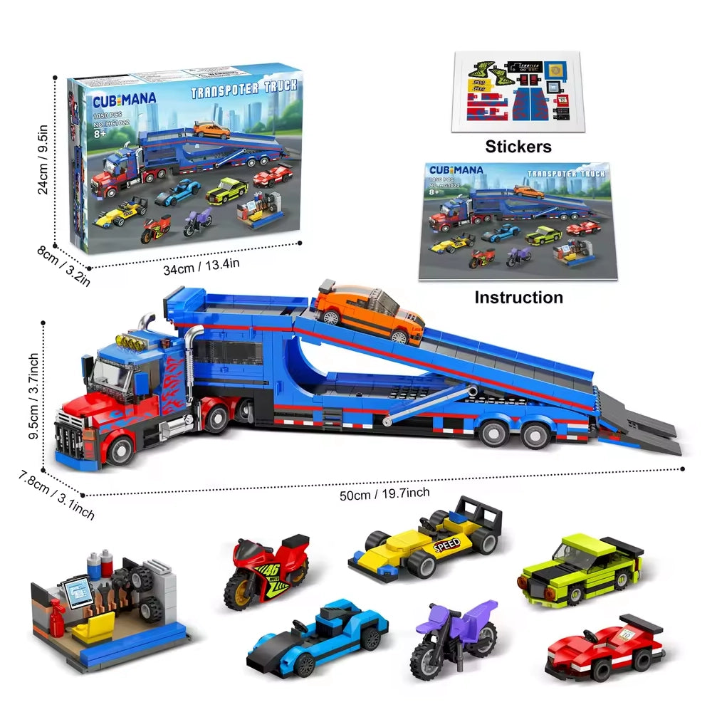 Spielzeug-Transporter-LKW mit Autos und Motorrädern, Aufklebern, Anleitung und Verpackung