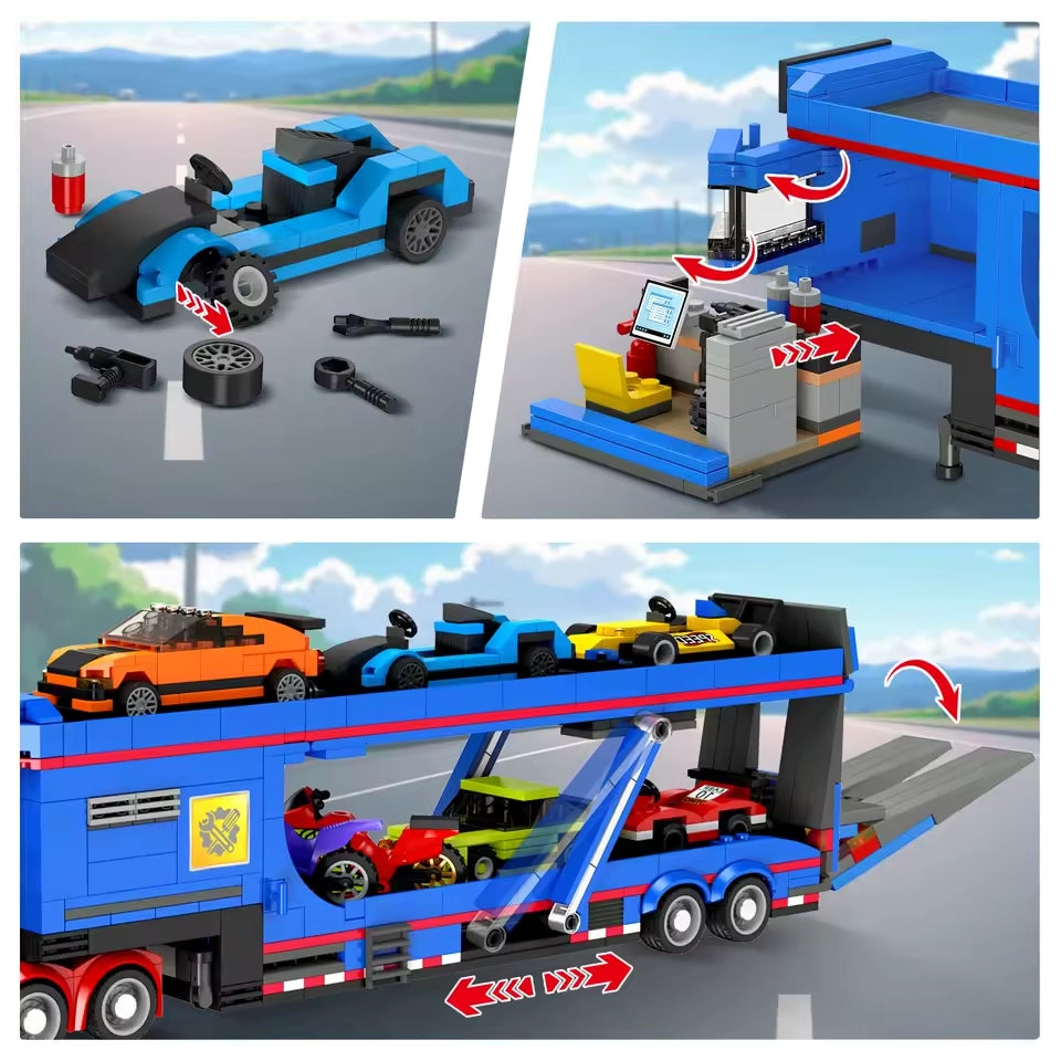 Spielzeug-Rennwagen-Set mit blauem Transporter, Werkstatt und verschiedenen Rennwagen