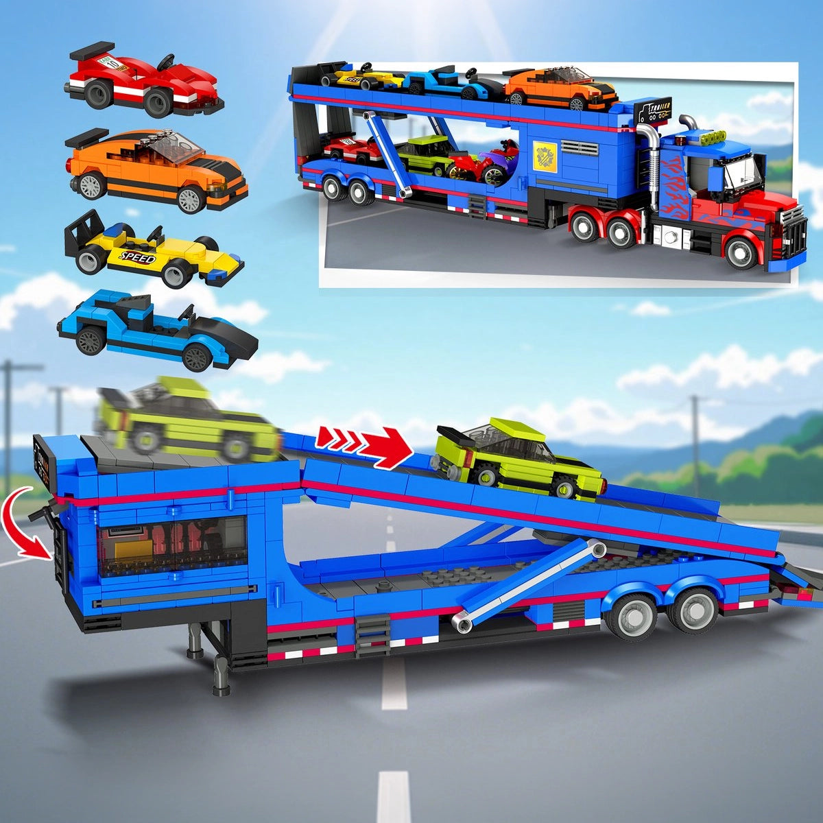 Spielzeug-Autotransporter mit sechs Rennwagen