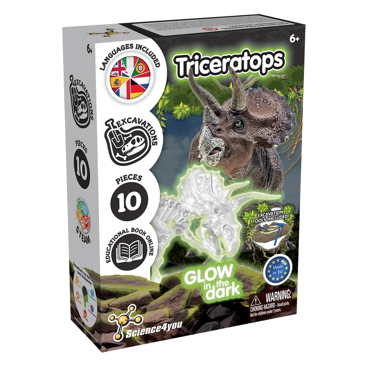 Science4you Triceratops Ausgrabungsset, leuchtet im Dunkeln, 10 Teile, für Kinder ab 6 Jahren