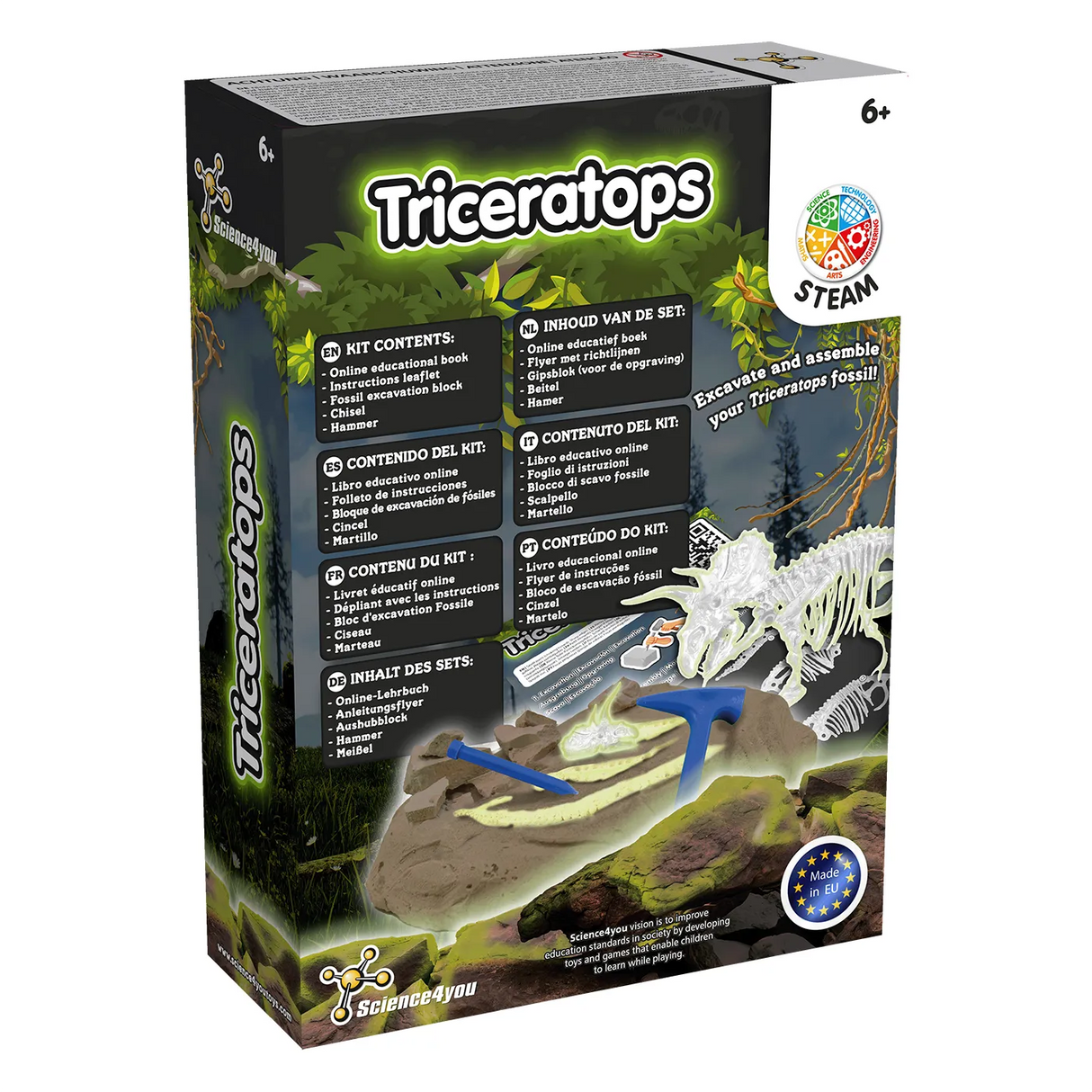 Science4you Triceratops Ausgrabungsset mit Werkzeugen und Fossilienblock