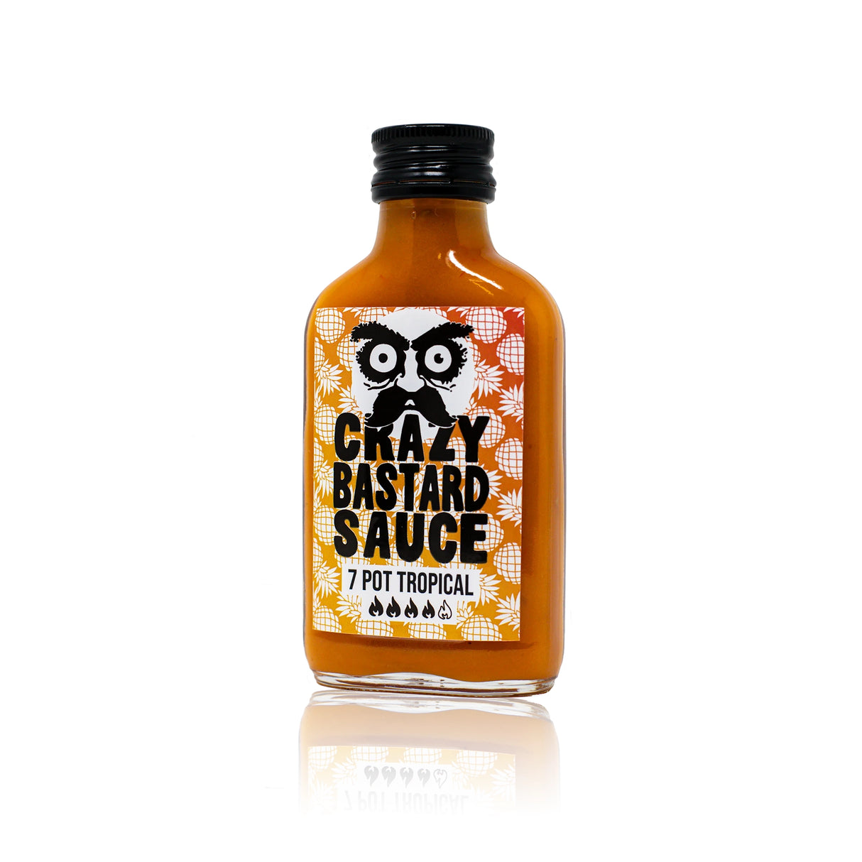 Crazy Bastard Sauce 7 Pot Tropical Flasche mit schwarzem Deckel und Etikett mit Ananas-Muster