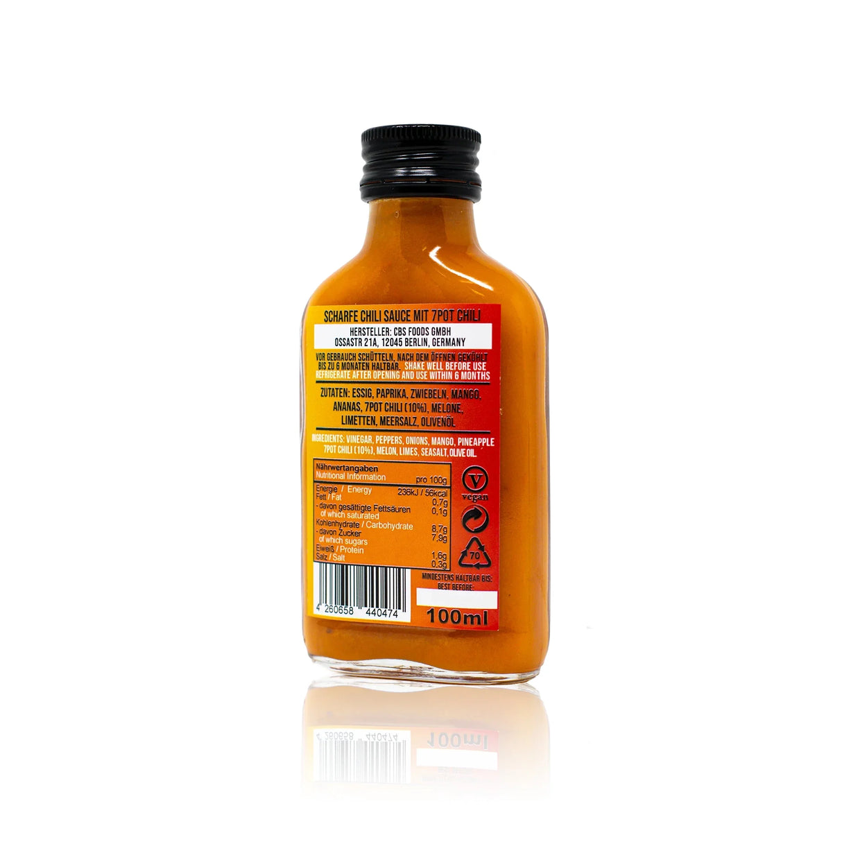 Rückseite einer Flasche scharfer Chilisauce mit 7Pot Chili, Zutaten und Nährwertangaben