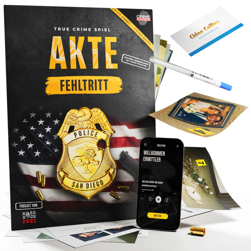 True Crime Spiel Akte Fehltritt mit Polizeimarke, Patronen, Handy und Beweismitteln