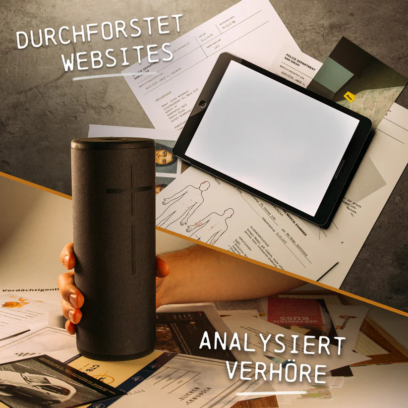 Hand hält Bluetooth-Lautsprecher, umgeben von Dokumenten und Tablet mit leerem Bildschirm