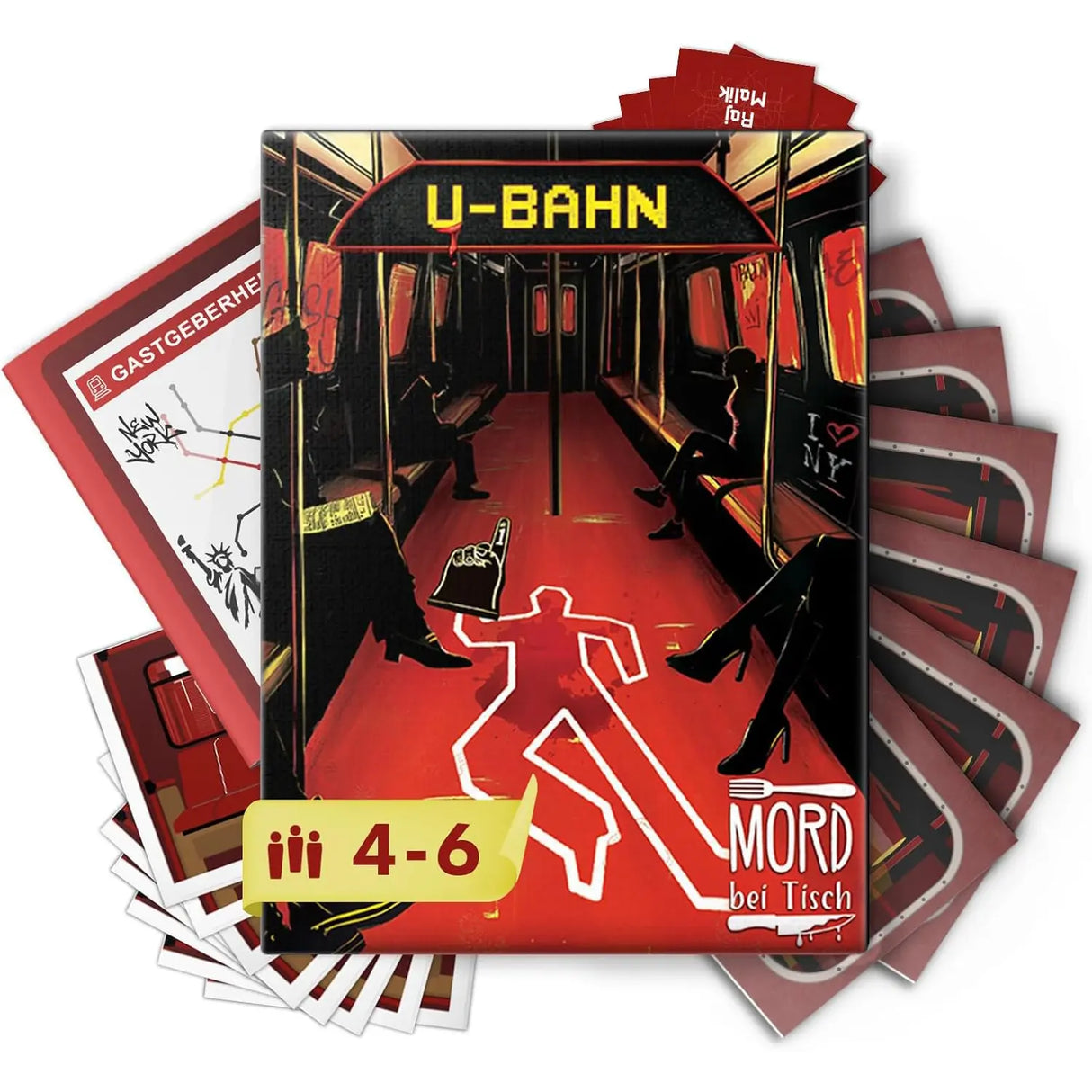 U-Bahn Mord bei Tisch Spielbox mit Tatortumriss und Spielkarten