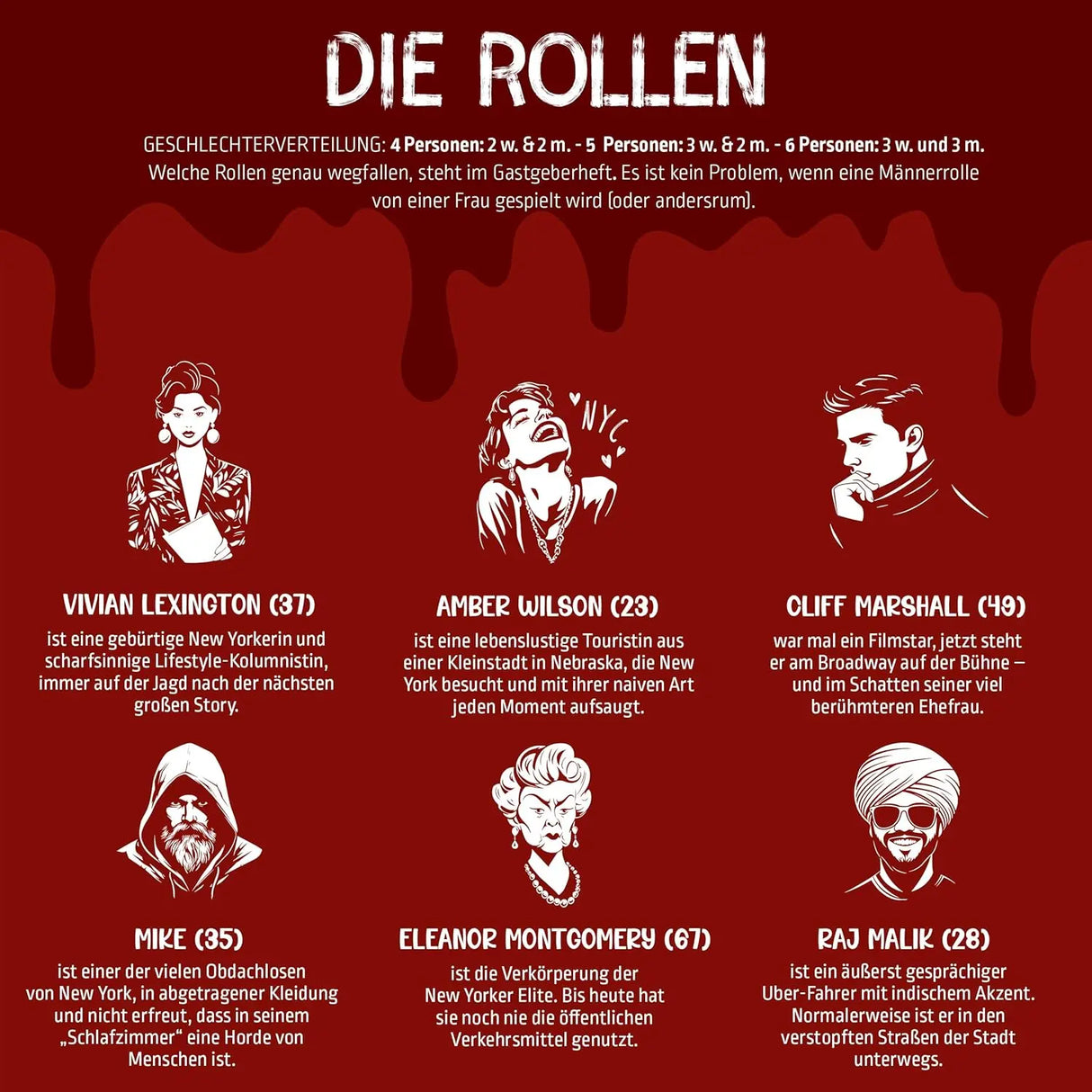 Die Rollen: Vivian Lexington, Amber Wilson, Cliff Marshall, Mike, Eleanor Montgomery, Raj Malik