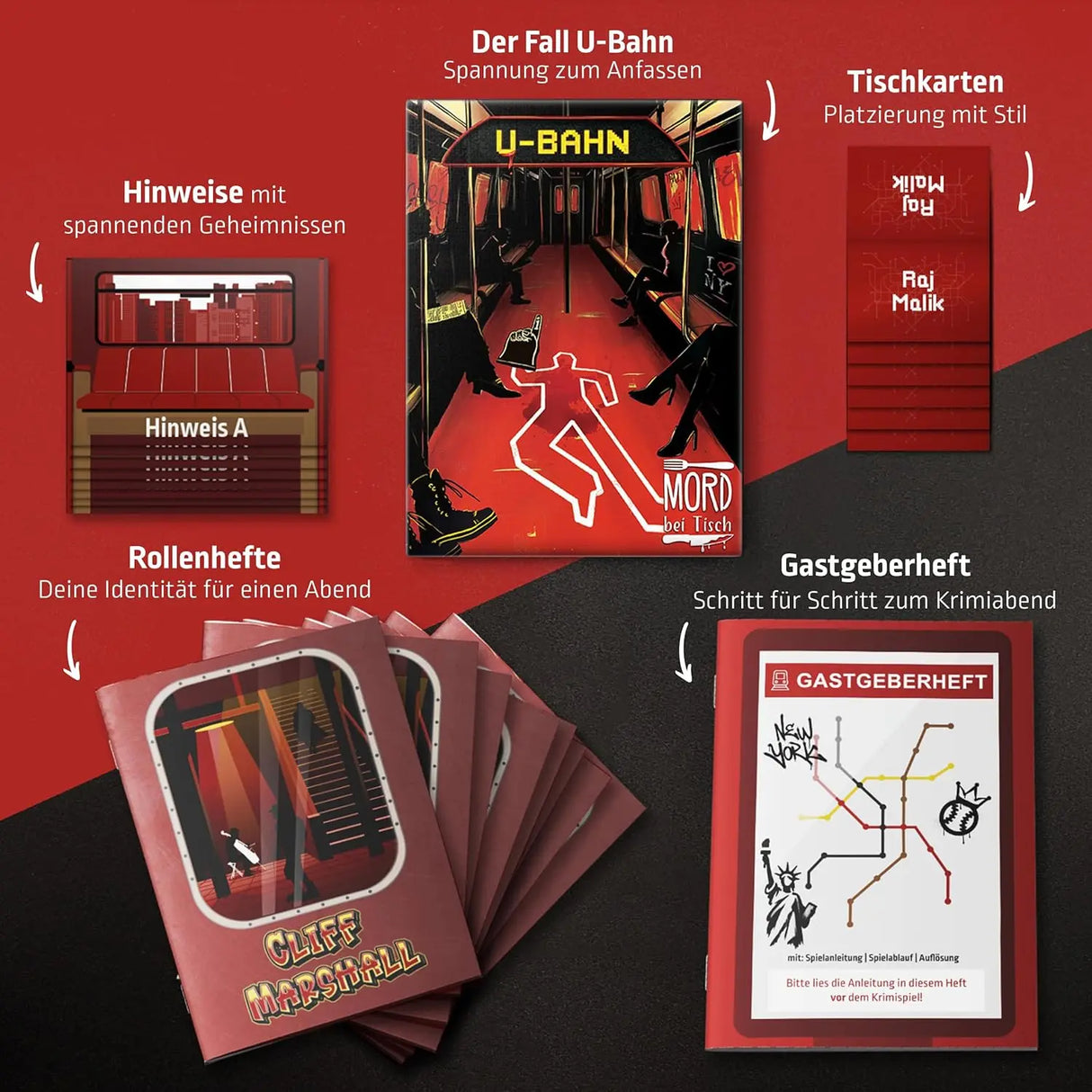 Mord bei Tisch U-Bahn-Spiel mit Hinweisen, Rollenheften, Tischkarten und Gastgeberheft