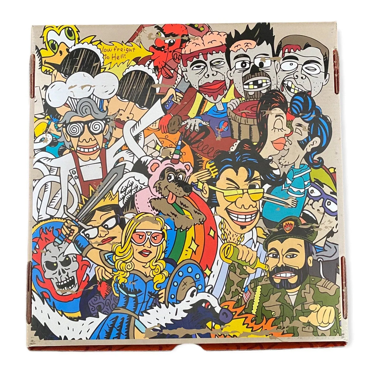 Buntes, detailliertes Cartoon-Kunstwerk mit verschiedenen Charakteren, darunter ein Koch, ein Teufel und ein Soldat