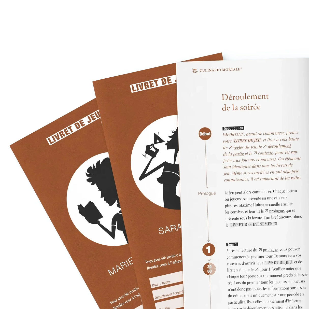 Drei braune Spielhefte mit weißen Silhouetten von Menschen und Text auf Französisch