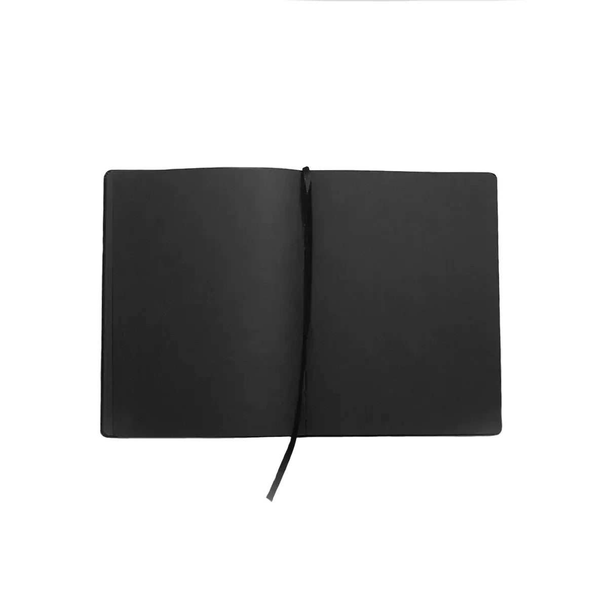 Offenes schwarzes Notizbuch mit schwarzem Lesezeichen