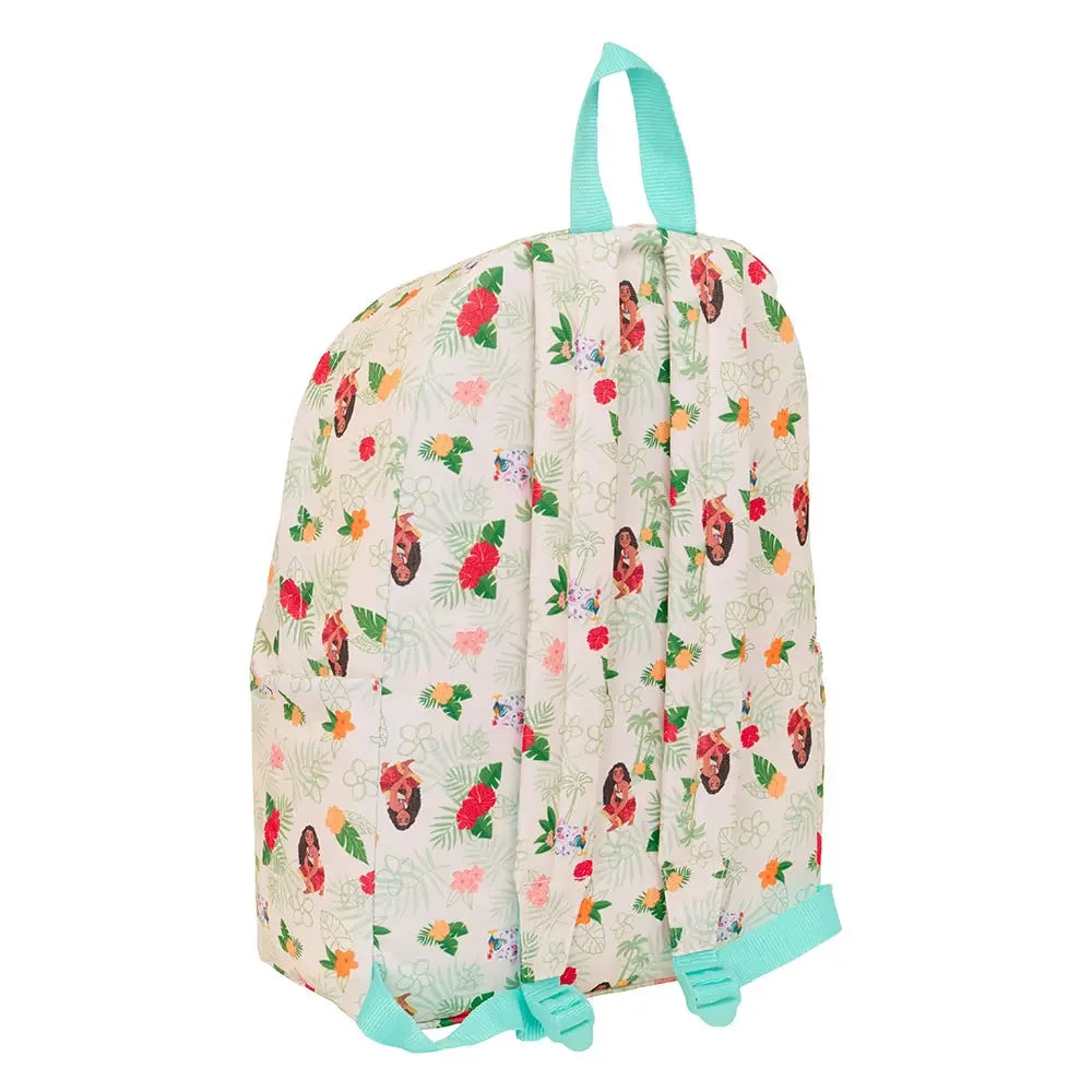 Rucksack mit Moana-Muster und Blumen auf weißem Hintergrund