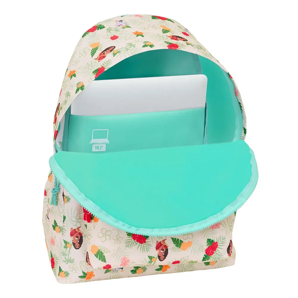 Rucksack mit Blumenmuster und offenem Hauptfach mit Laptop