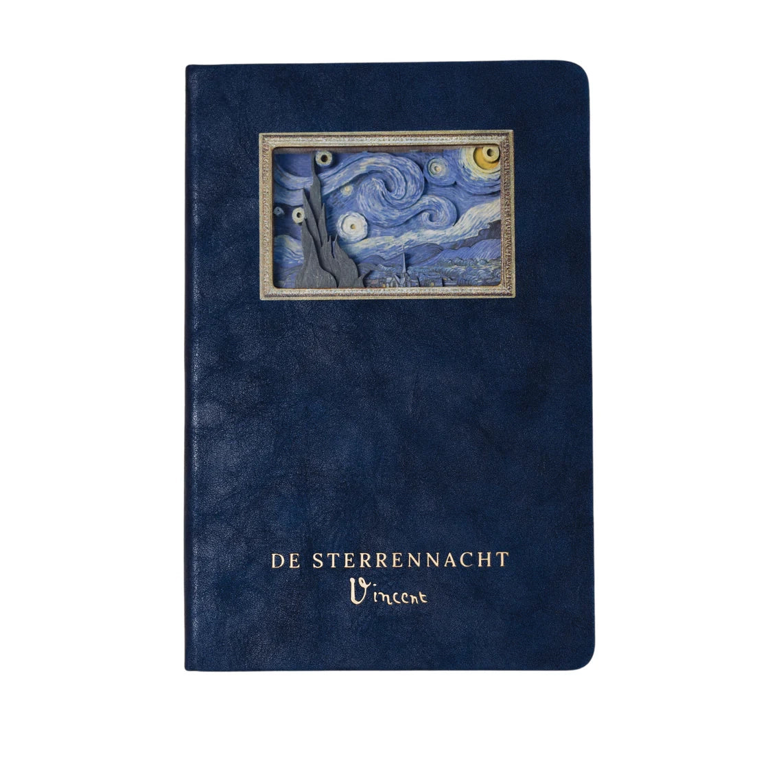 Dunkelblaues Notizbuch mit einem 3D-Relief von Van Goghs Sternennacht auf dem Cover