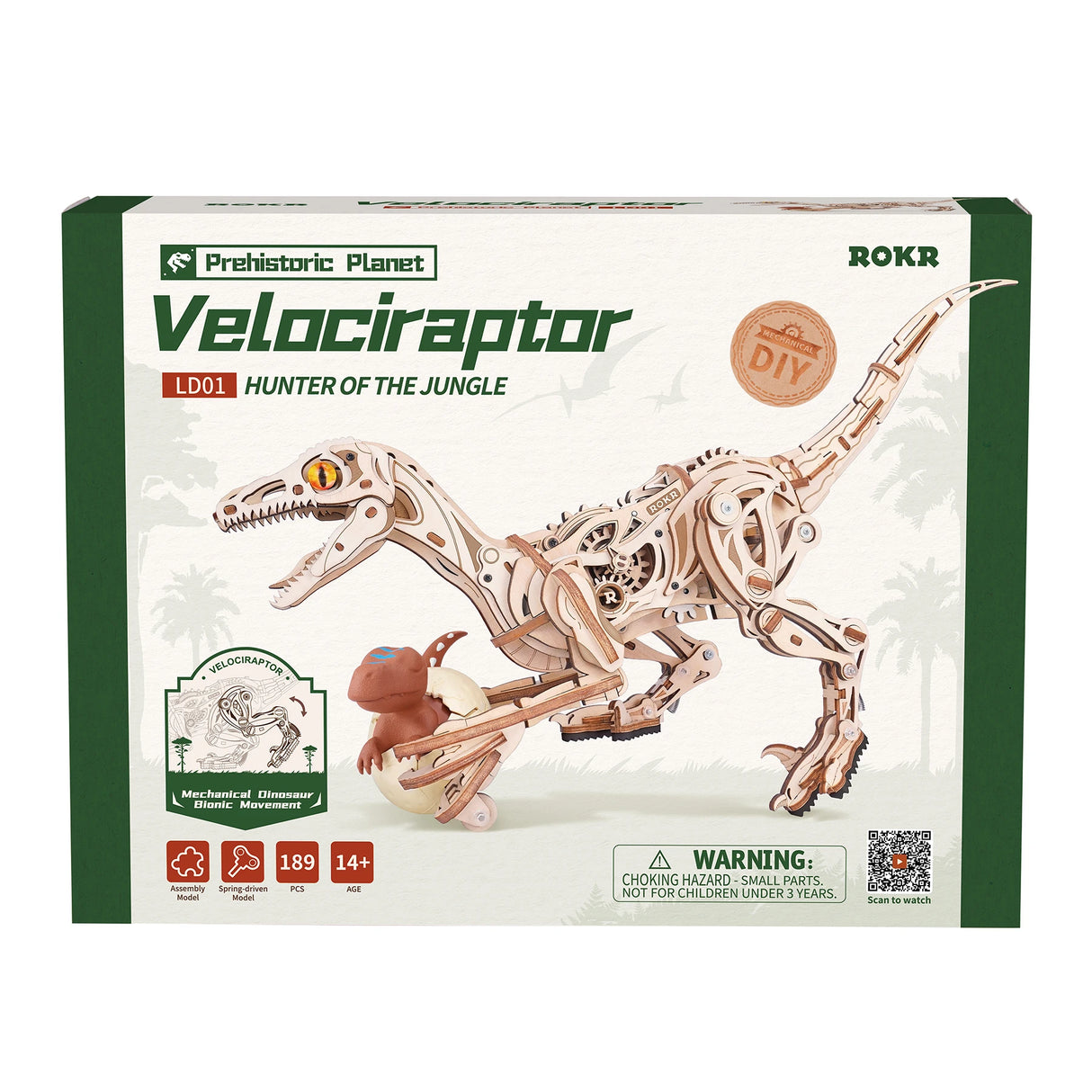 Verpackung eines ROKR Velociraptor Holzmodells mit einem Baby-Dinosaurier in einem Ei