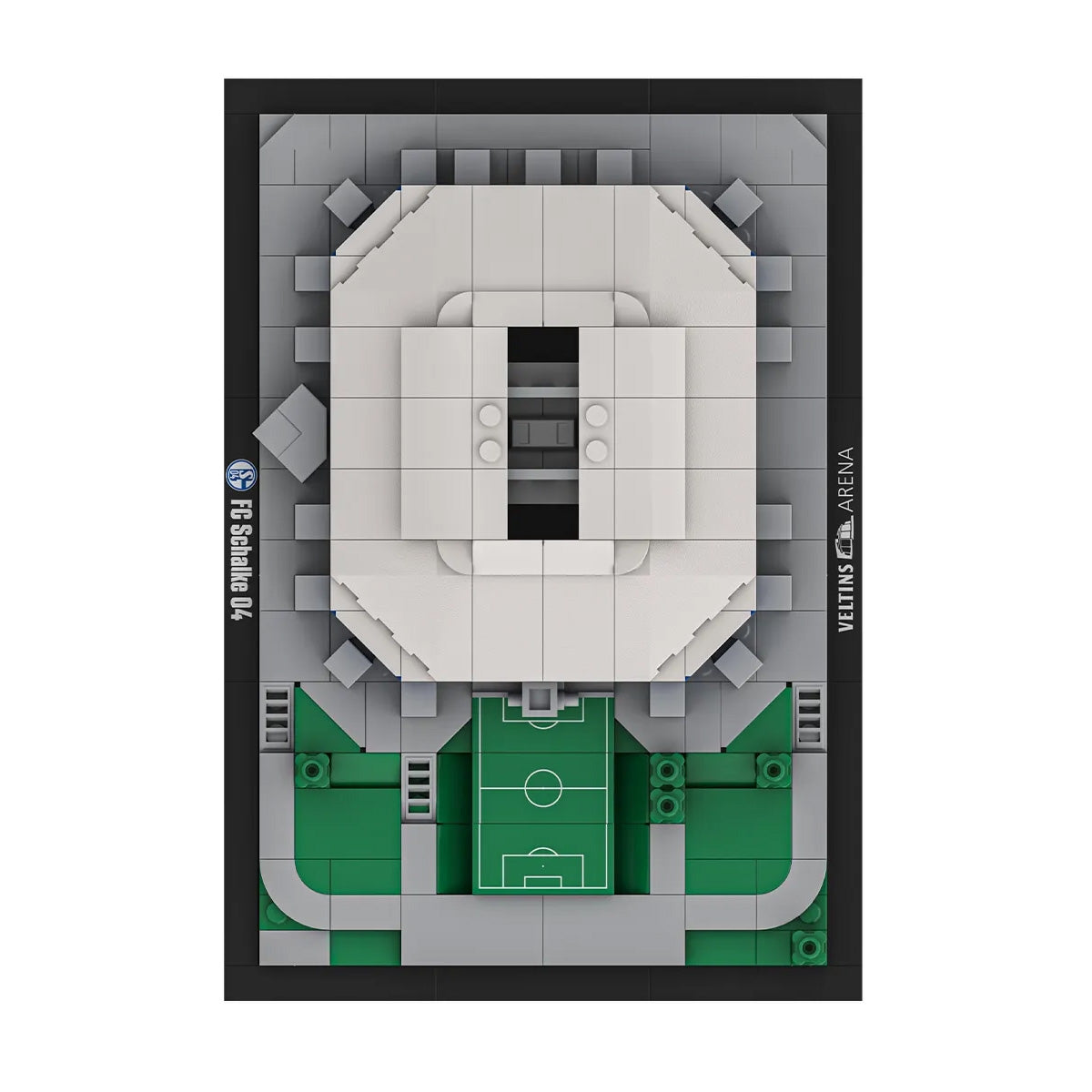 Modell der Veltins-Arena aus Bausteinen, mit Fußballfeld und Stadiondach
