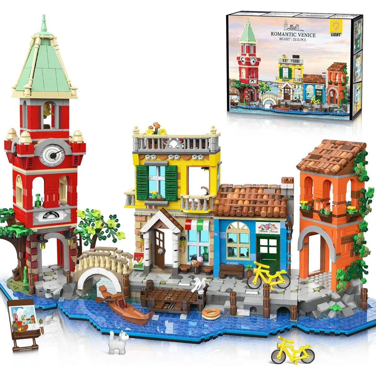 Romantisches Venedig Bausteine Set mit Glockenturm, Häusern, Kanal und Gondel