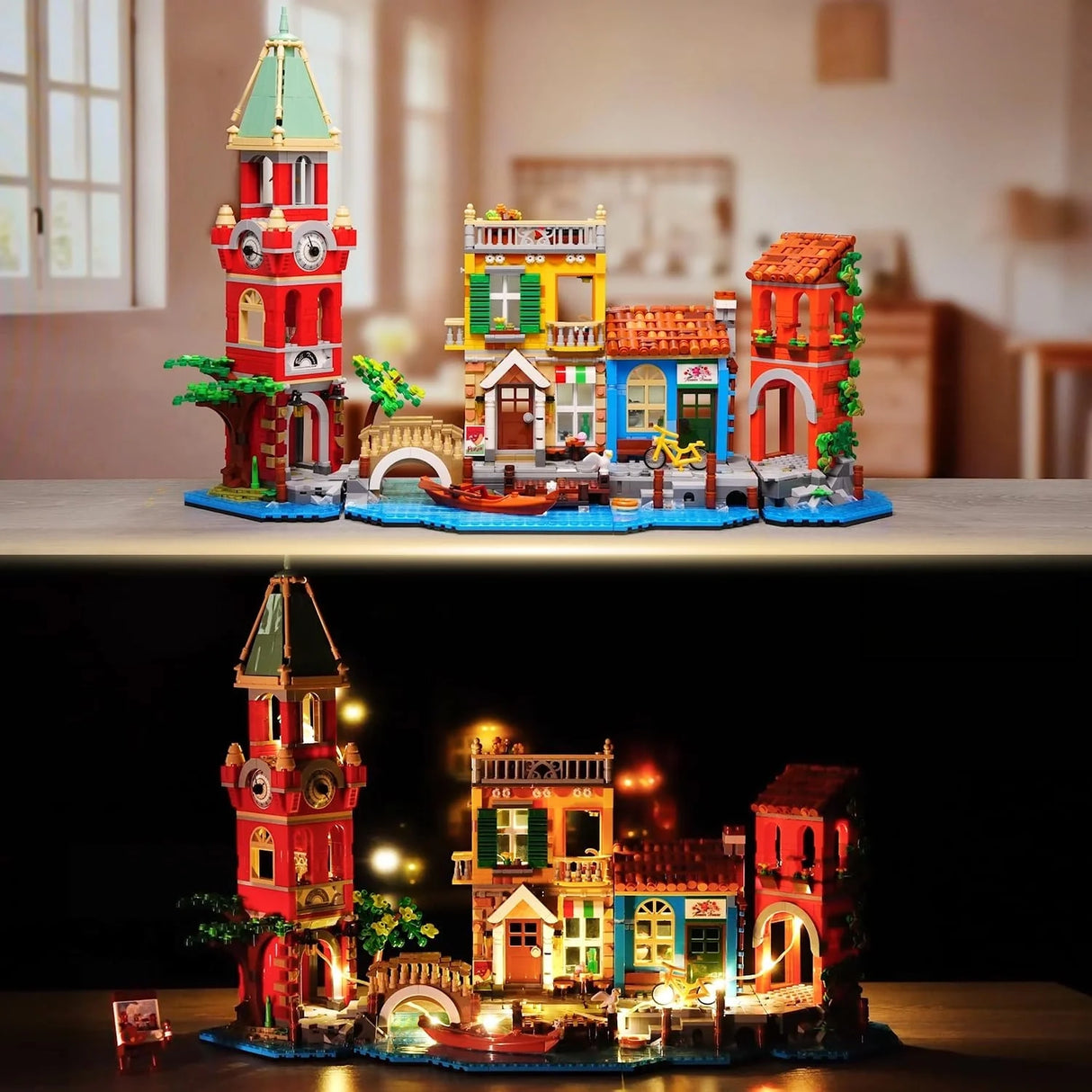 Zwei Ansichten eines beleuchteten LEGO-Modells von Venedig mit Kanälen, Brücken und Gebäuden