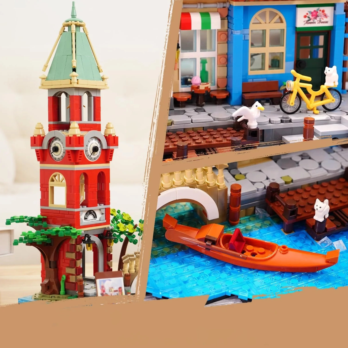 Ein Lego-Set mit einem roten Glockenturm, einem blauen Gebäude mit Fahrrad und einem Kanal mit orangefarbenem Boot